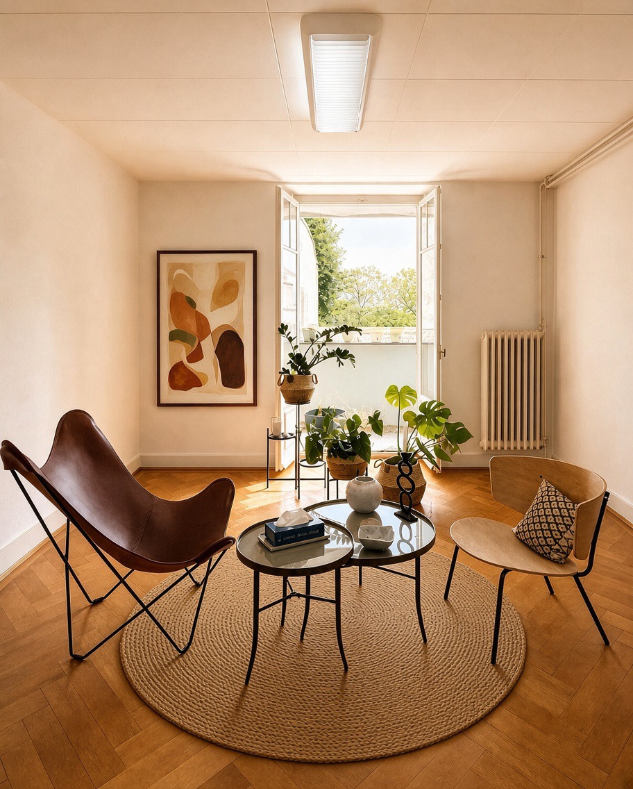 Salle de consultation avec fauteuils, plantes et parquet, lumière naturelle