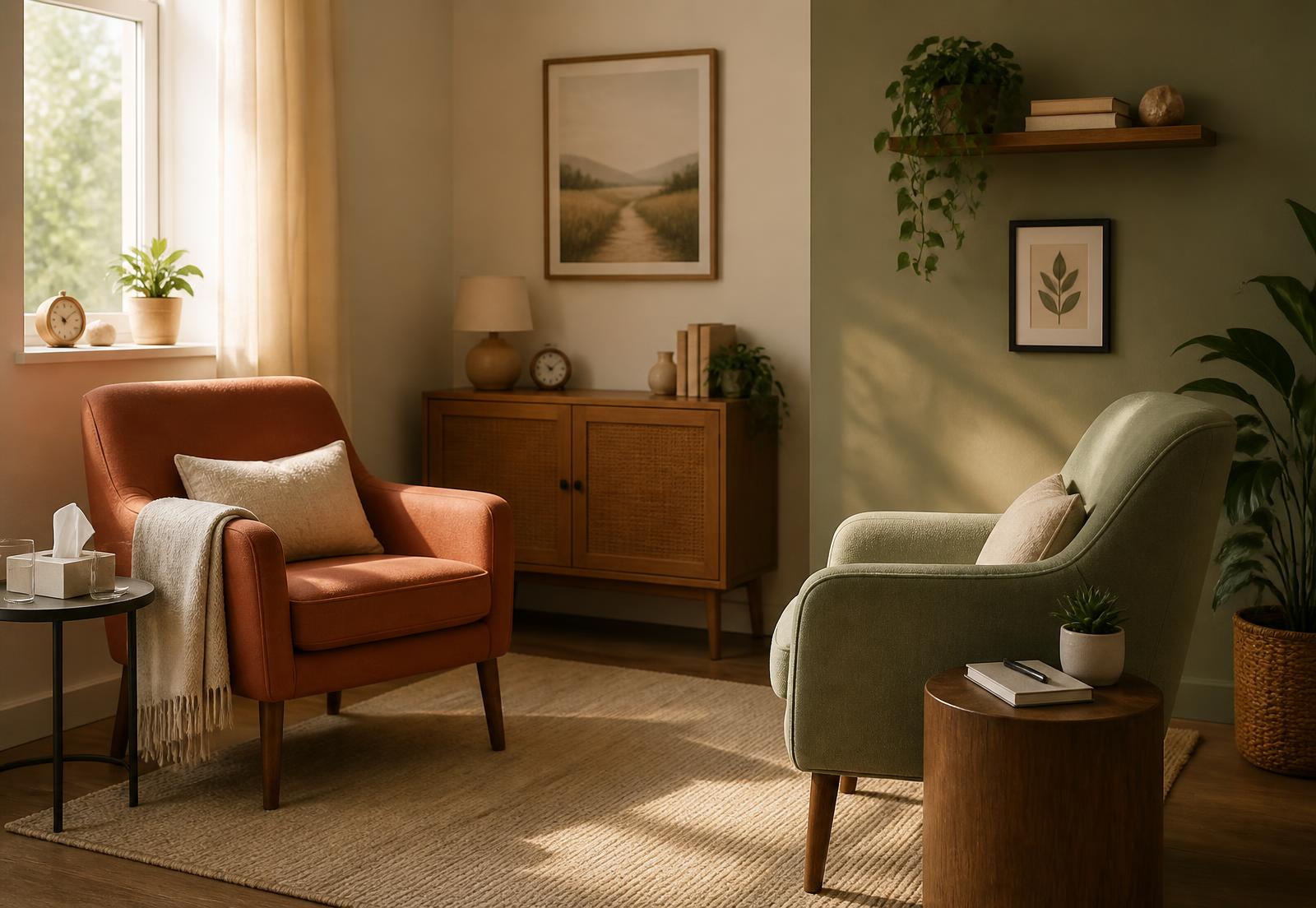Cabinet de consultation lumineux avec deux fauteuils, tons terracotta et vert sauge